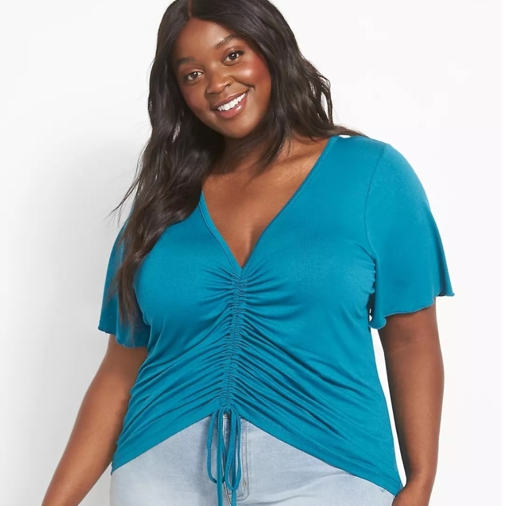 Lane Bryant Fitted Short Flutter-Sleeve V-Neck Drawcord-Front Tee 14/16